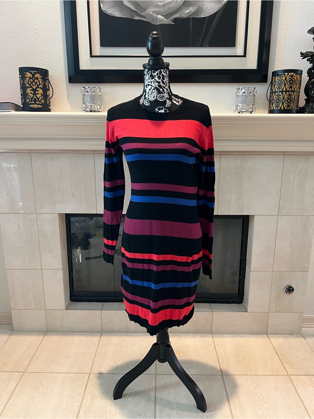 Merona Black Midi Sweater Dress with Red, Blue & Purple Stripes